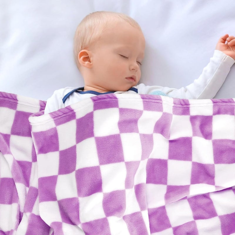 GreatBba Plush Checkered Baby Blanket for Boys Girls Nursery, 30"*40" Warm Short Fleece Blanket Neutral for Infant Newborn, Small Fuzzy for Sleeping, Chenille or Stroller (Purple&White) - Image 4